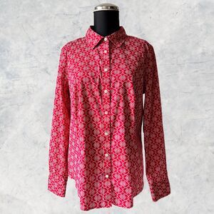 Talbots Women's Size 10 Red White Geometric Print Shirt Wrinkle Resistant